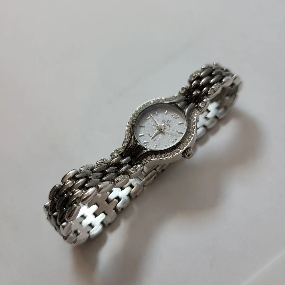 Elgin Wristwatch Women Silver Tone Crystal‎ Bezel Glitter Dial EL877-017 Vintage